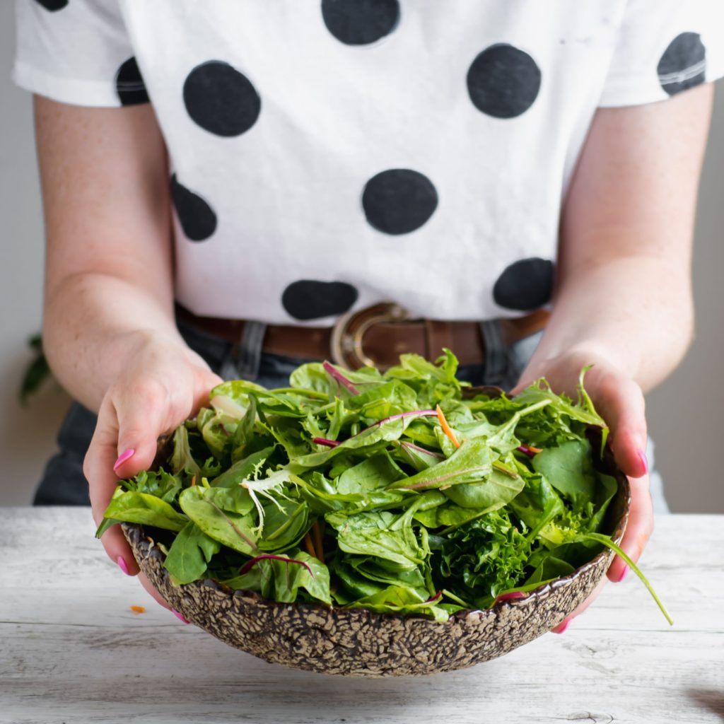 Hands holding bowl of freshcut salad leaves